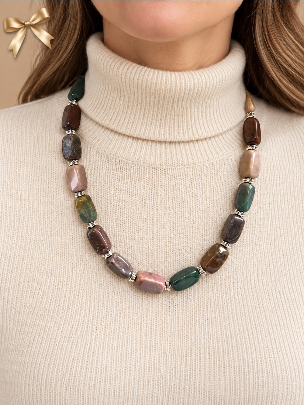 Multicolor Rectangular Bead Statement Necklace 18 Inch